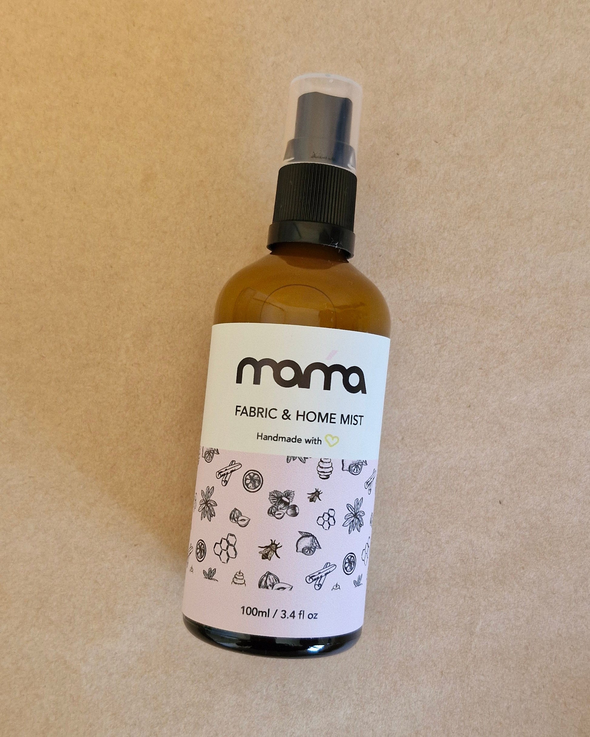 Bottle with a label on a beige background