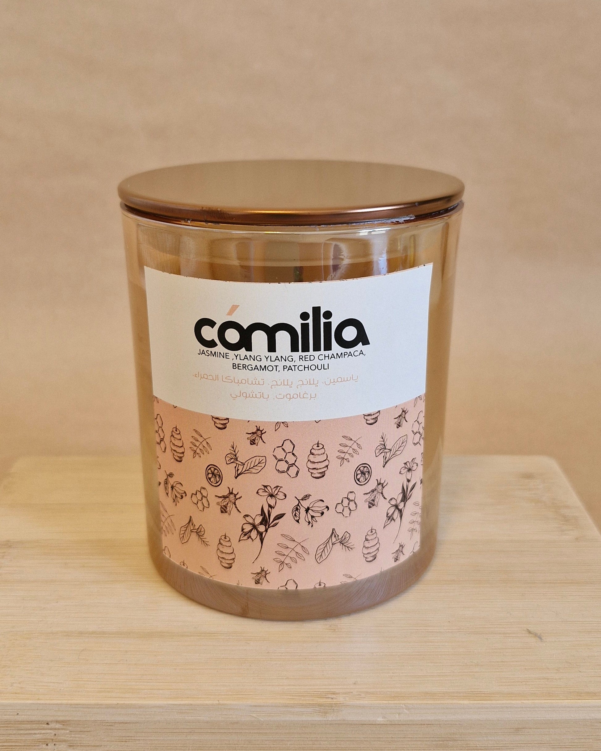 Jar with a 'camilla' label on a wooden surface