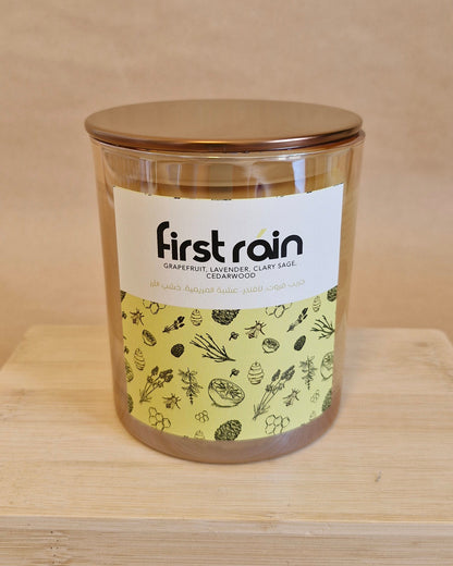 Jar with a label on a wooden surface