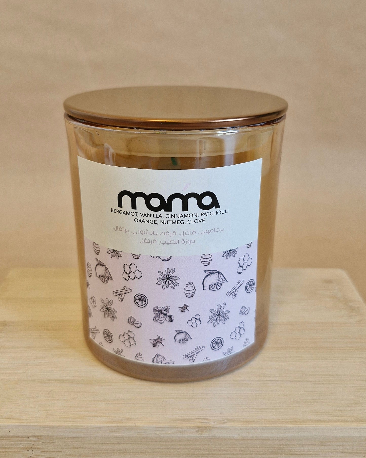 Jar with a label on a wooden surface